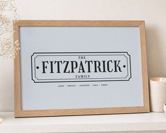 Personalised Family Name Print, Light Blue Wall Art, Custom Family Sign, New Home Gift, Family Gift, Hallway Wall Art, Oak Framed Print