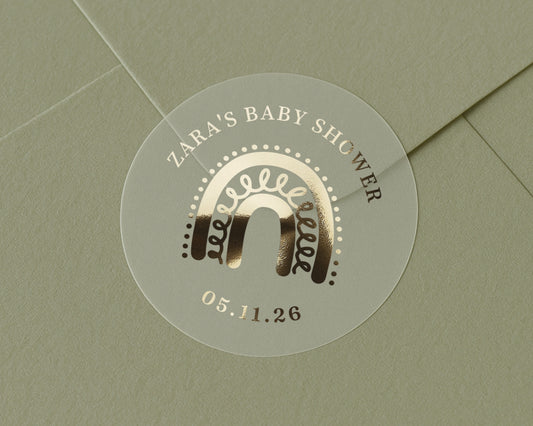 Baby Shower Sticker, Personalised Baby Shower Label, Rainbow Baby Shower, Gold Foil Baby Shower Sticker, Custom Baby Shower Favour Label
