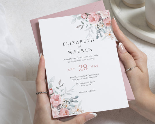 Blush Floral Wedding Invitations, Pink and Sage Greenery Wedding Invites, Elegant Botanical Personalised Wedding Invitation Suite