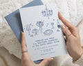 Powder Blue Wedding Invitations with Dusty Blue Envelopes, Whimsical Illustrated Wedding Invites, Personalised Invitation Suite