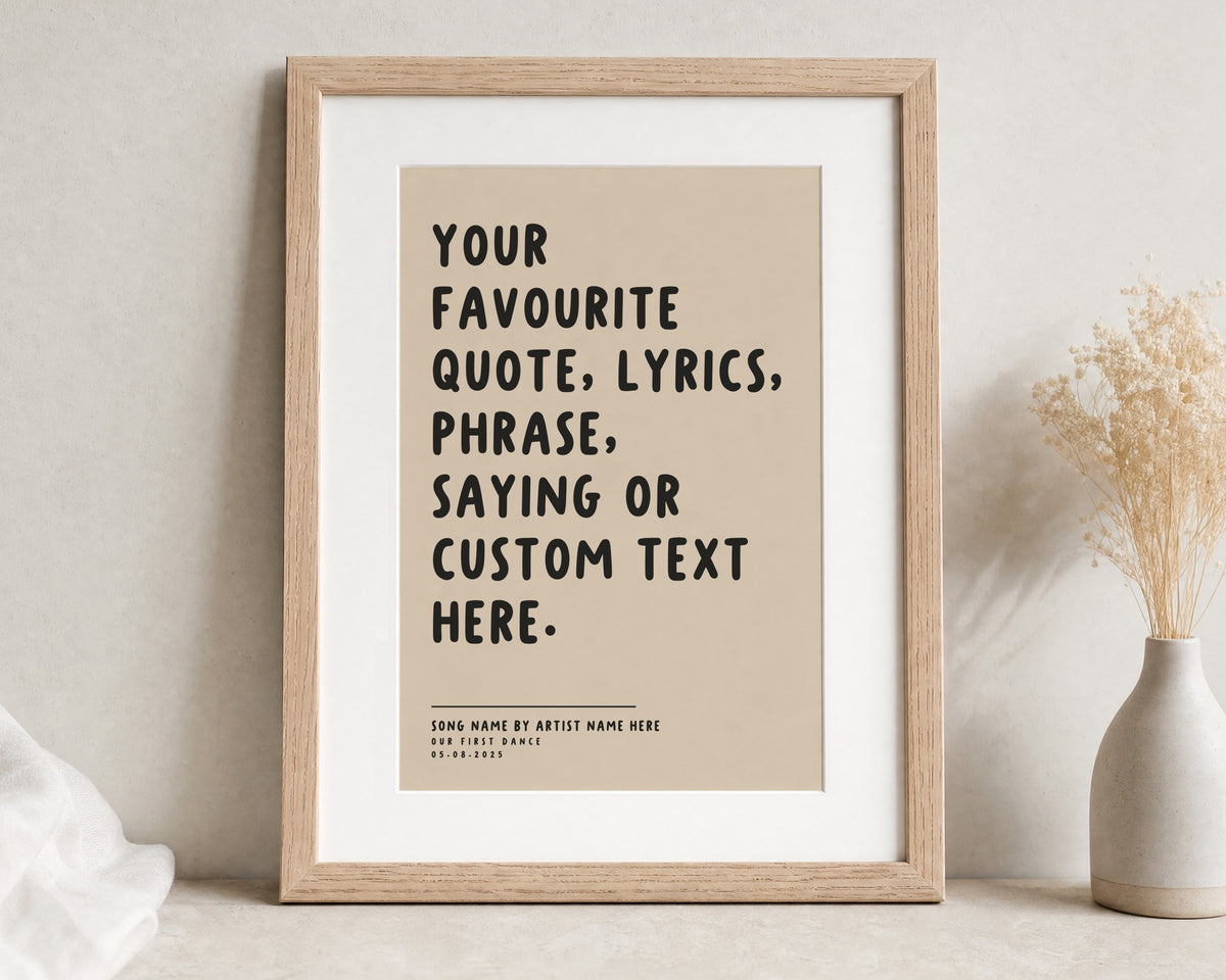 Personalised Song Lyrics Framed Print, Custom Quote Wall Art, Beige Wall Art, First Dance Gift, Wedding Gift, Anniversary Gift