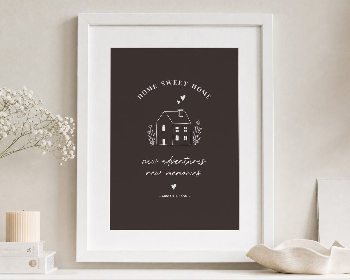 Personalised New Home Print, Chocolate Brown Wall Art, House Warming Gift, First Home Gift, Home Sweet Home Framed Print