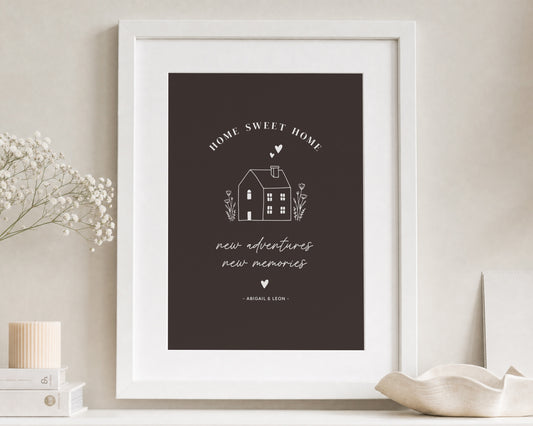 Personalised New Home Print, Chocolate Brown Wall Art, House Warming Gift, First Home Gift, Home Sweet Home Framed Print