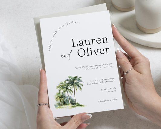 Tropical Wedding Invitations, Beach Destination Wedding Invites, Palm Tree Wedding Invitation Suite, Personalised Minimal Stationery