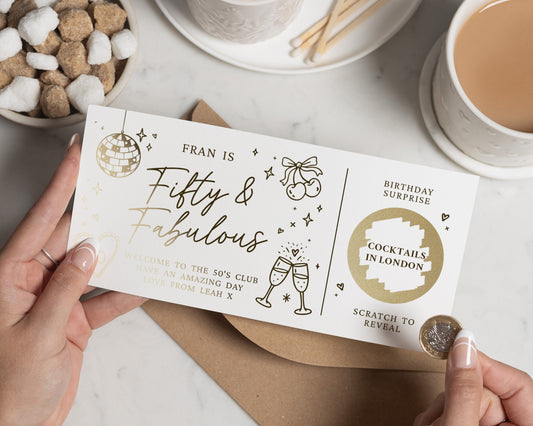 50th Birthday Gift Voucher for Her, Scratch to Reveal Cocktail Voucher, Personalised Birthday Surprise, Fifty and Fabulous Card