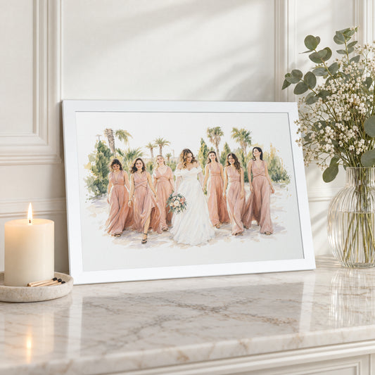 Personalised Wedding Portrait From Your Photo, Watercolour Bridal Party Print, Bridesmaid Gift, Wedding Gift, Custom Framed Print