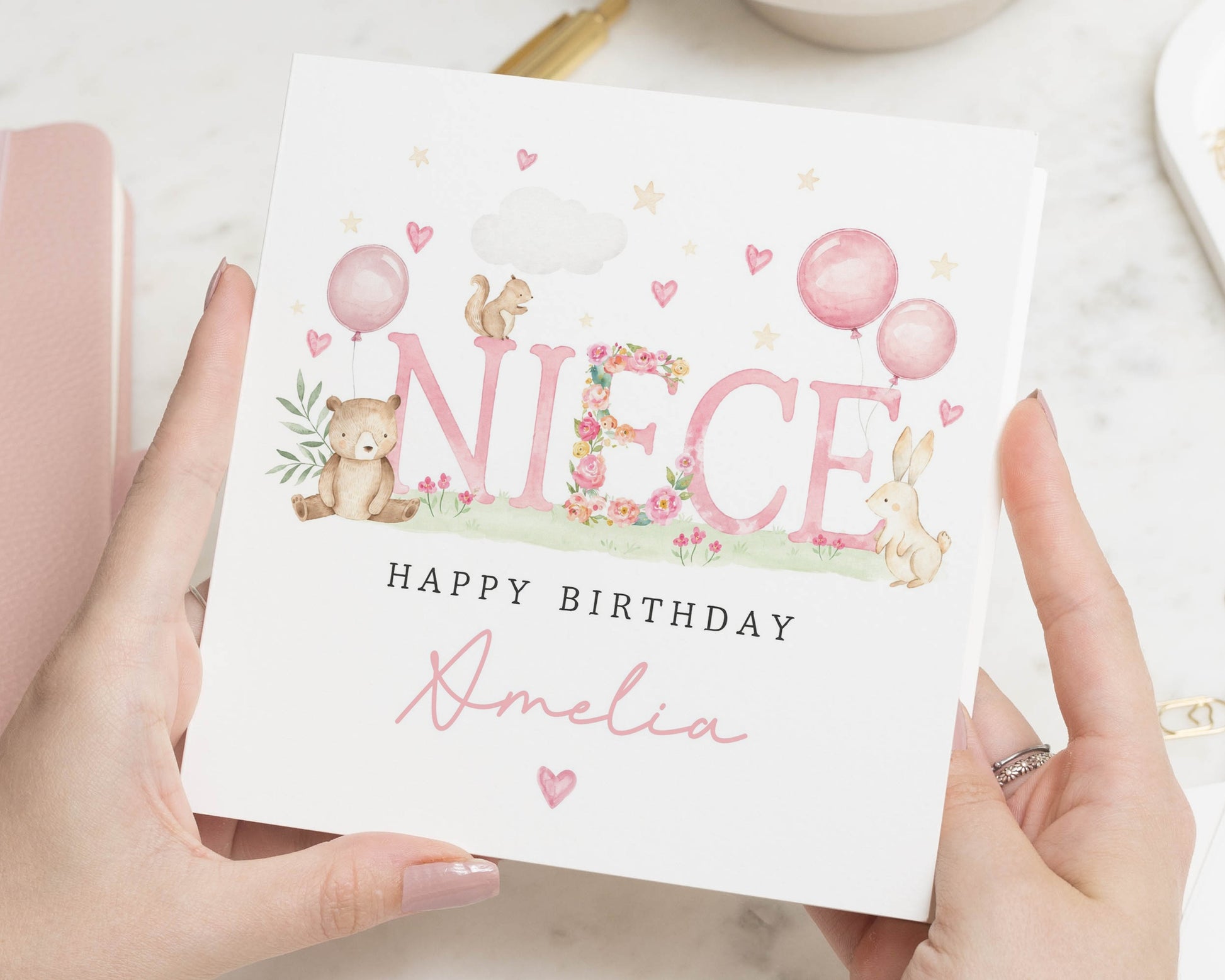 Niece Birthday Card, Birthday Card for Niece, Personalised Birthday Card for Girl, Cute Woodland Animal Card, Floral Birthday Cards