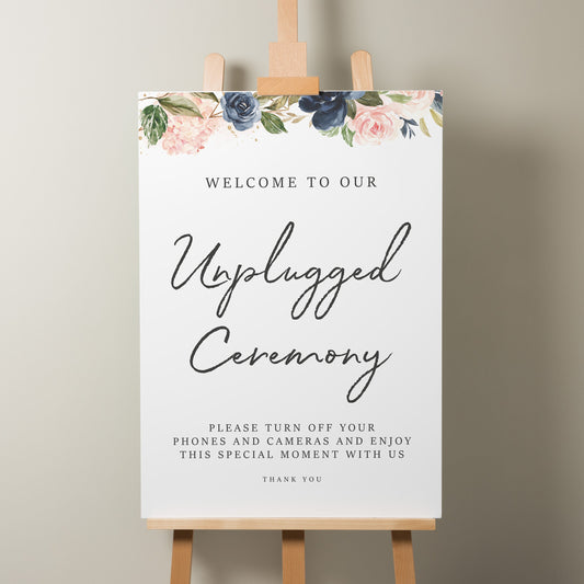 Floral Wedding Sign, Unplugged Ceremony Wedding Sign, Blush Pink And Navy Wedding Sign, Flower Decor, Modern Wedding Signage &#39;Elise&#39;