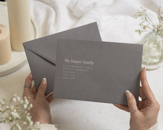Charcoal Grey Envelopes with White Ink Guest or Return Address Printing, C6, 5x7 or C5 Wedding Invitation Envelopes (Pewter)