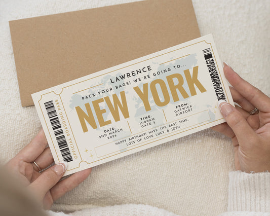 Personalised New York Gift Voucher, Holiday Reveal Ticket, Birthday Gift, Custom Boarding Pass, Travel Gift For Him Or Her