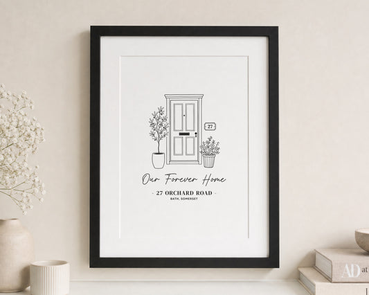 Personalised New Home Print, Our Forever Home Wall Art, House Line Art, House Warming Gift, First Home Gift, Black Framed Print