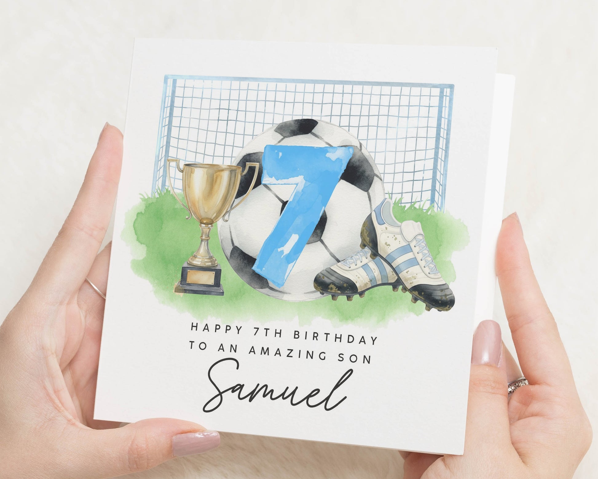 7th Birthday Card for Son, Football Birthday Card, Personalised Card for Boy, Trophy Birthday Card, Birthday Card for Kids