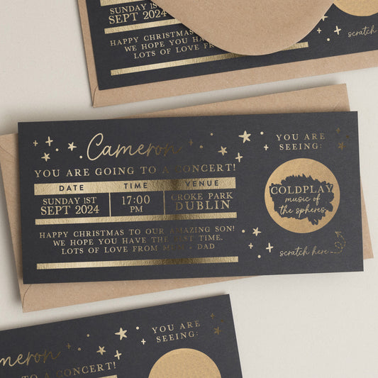 Personalised Gold Foil Scratch Gift Voucher, Gig Ticket Gold Foil Gift Voucher, Scratch Reveal Gift, Scratch To Reveal, Gig Ticket