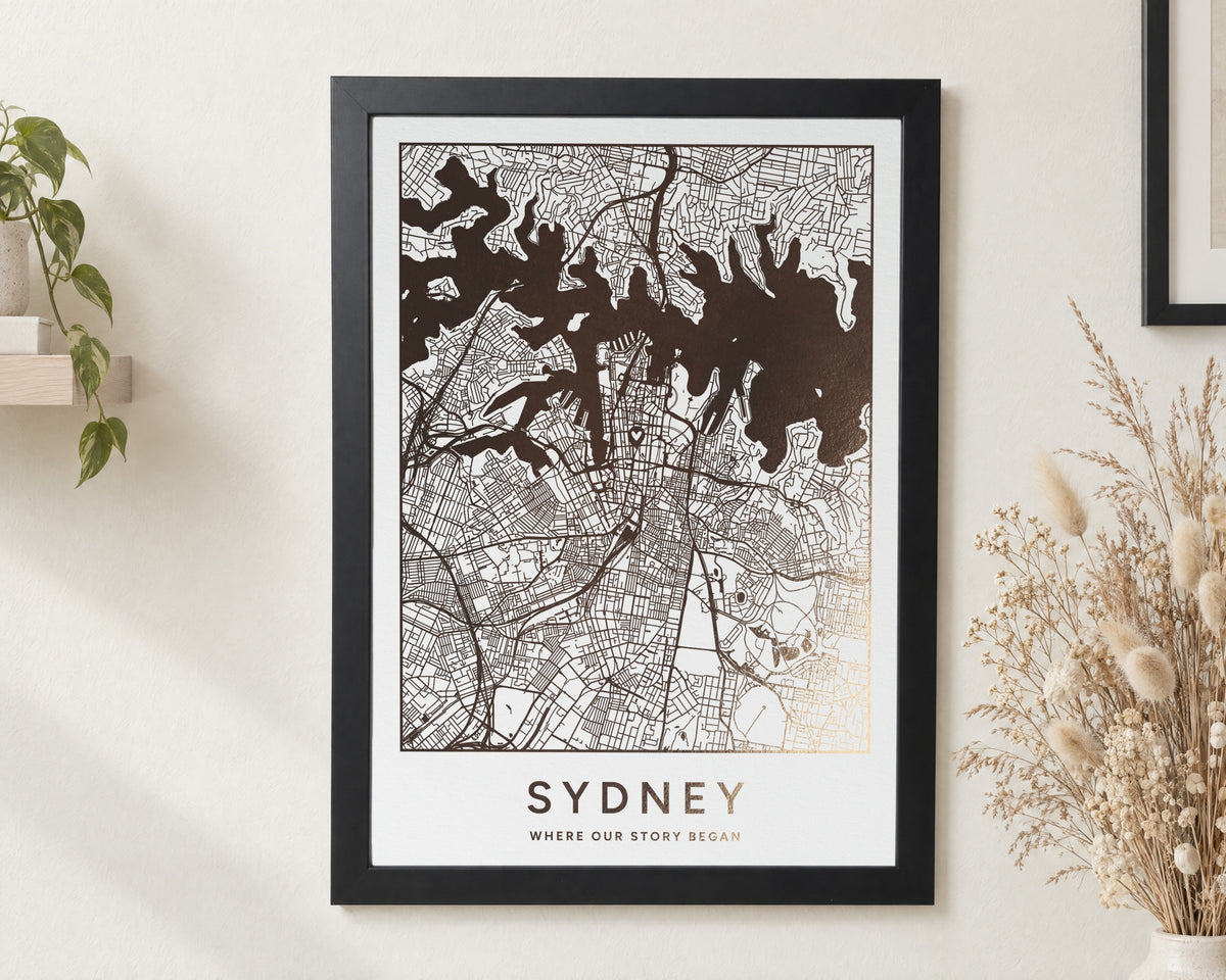Personalised Gold Foil Map Print, Custom Location Map, White Wall Art, Where Our Story Began, Anniversary Gift for Couple