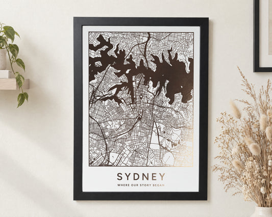 Personalised Gold Foil Map Print, Custom Location Map, White Wall Art, Where Our Story Began, Anniversary Gift for Couple