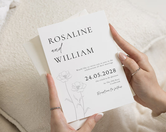 Minimalist Floral Wedding Invitations, Black and White Wedding Invite, Elegant Wildflower Stationery, Personalised Invitation Suite