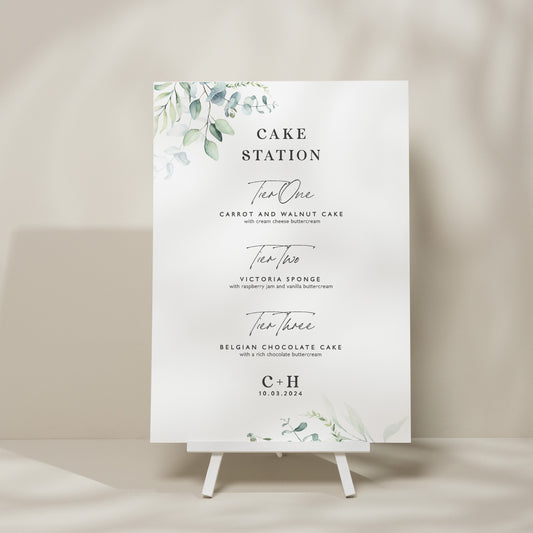 Botanical Greenery Cake Flavour Wedding Sign, Cake Menu Wedding Sign, Minimalist Eucalyptus Wedding Design, Wedding Signage &#39;Charlotte&#39;