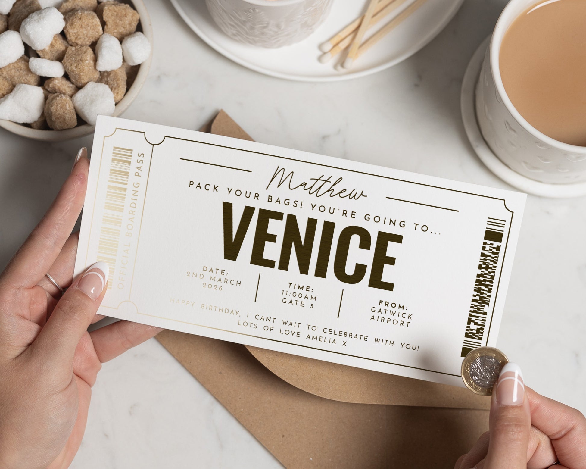 Personalised Venice Gift Voucher, Holiday Reveal Ticket, Birthday Gift For Him, Scratch To Reveal, Custom Boarding Pass, Gold Foil