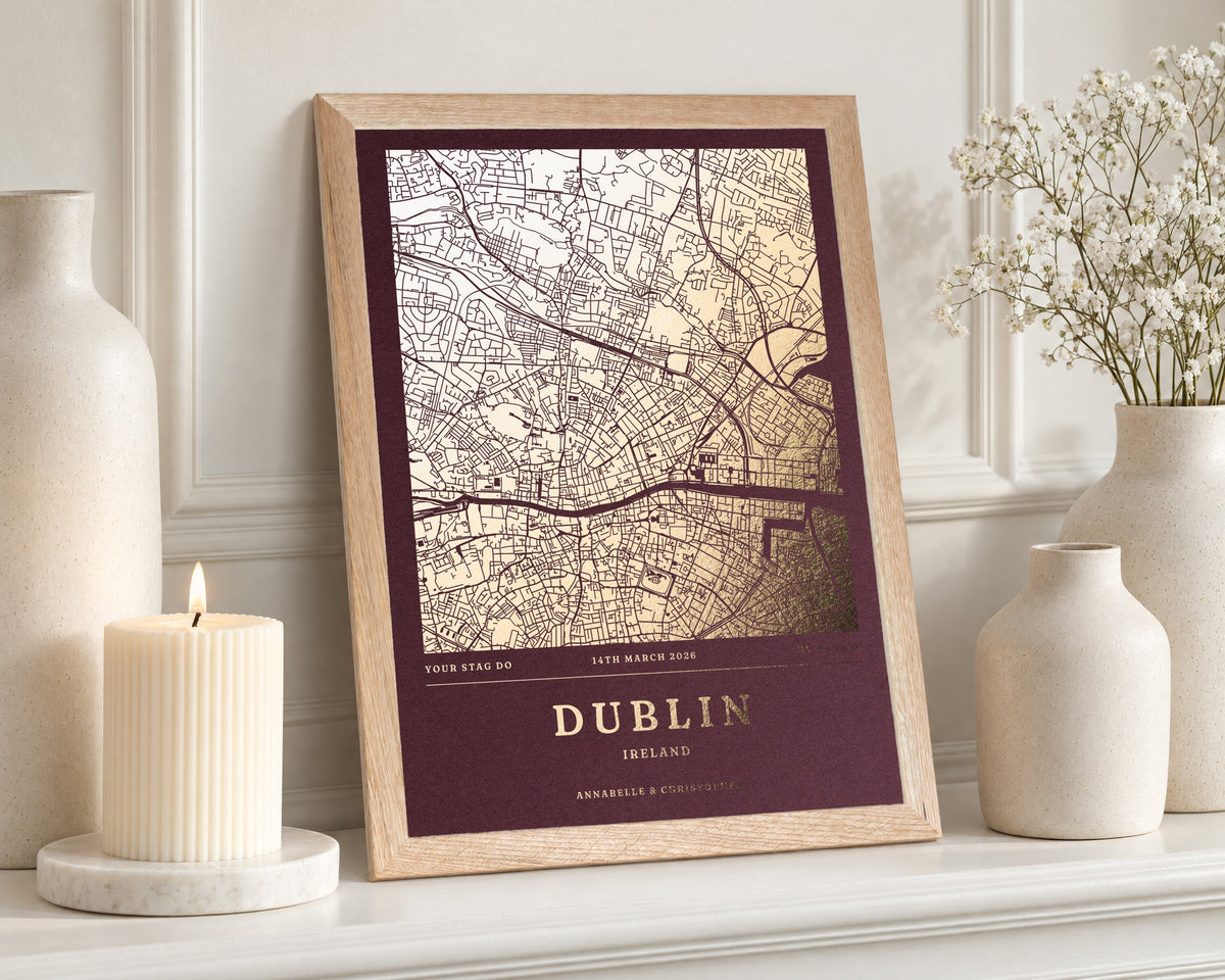 Personalised Gold Foil Map Print, Custom Location Map, Burgundy Wall Art, Wedding Gift, Gift for Couple, Stag Do Gift
