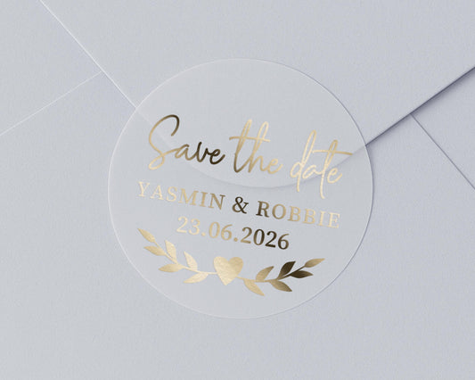 Save The Date Sticker, Gold Foil Wedding Sticker, Personalised Save The Date, Custom Wedding Label, Engagement Sticker, Envelope Seal