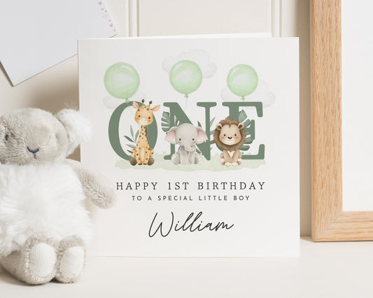 1st Birthday Card for Boy, Personalised Safari Birthday Card, Birthday Card for Son, Cute Animal Birthday Card, First Birthday Card