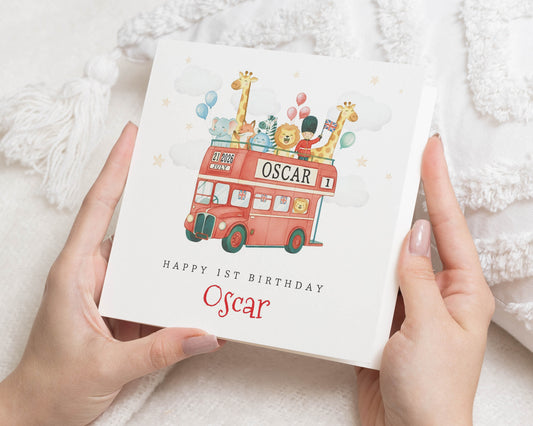 Personalised 1st Birthday Card, Animal Bus Birthday Card for Boy, First Birthday Card, Custom Name Card, Cute Giraffe Lion Birthday Card