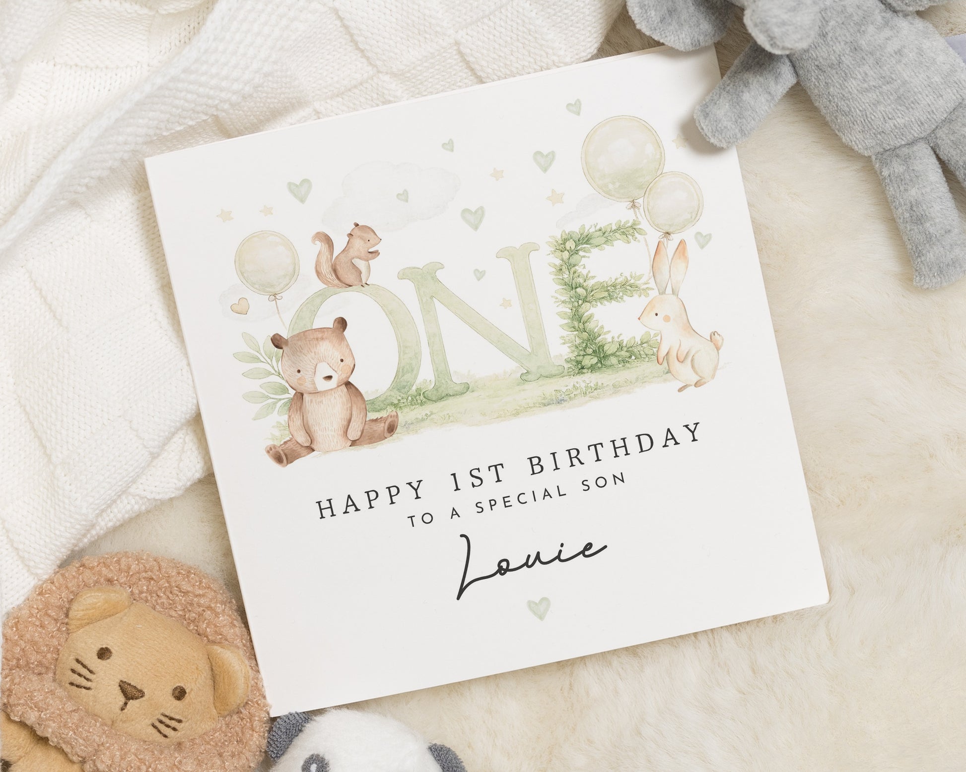 1st Birthday Card for Son, Personalised First Birthday Card, Animal Birthday Card, Cute Birthday Card for Boy, Woodland Birthday Card