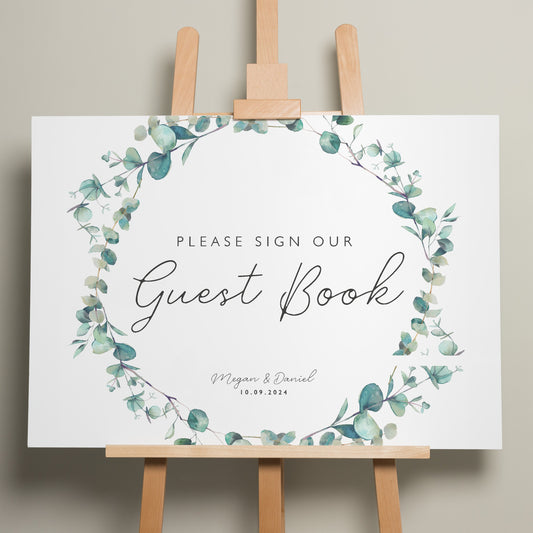 Greenery Wedding Guest Book Sign, Sign Our Guest Book Wedding Sign, Wedding Guest Sign, Botanical Foliage Wedding Signage &#39;Megan&#39;