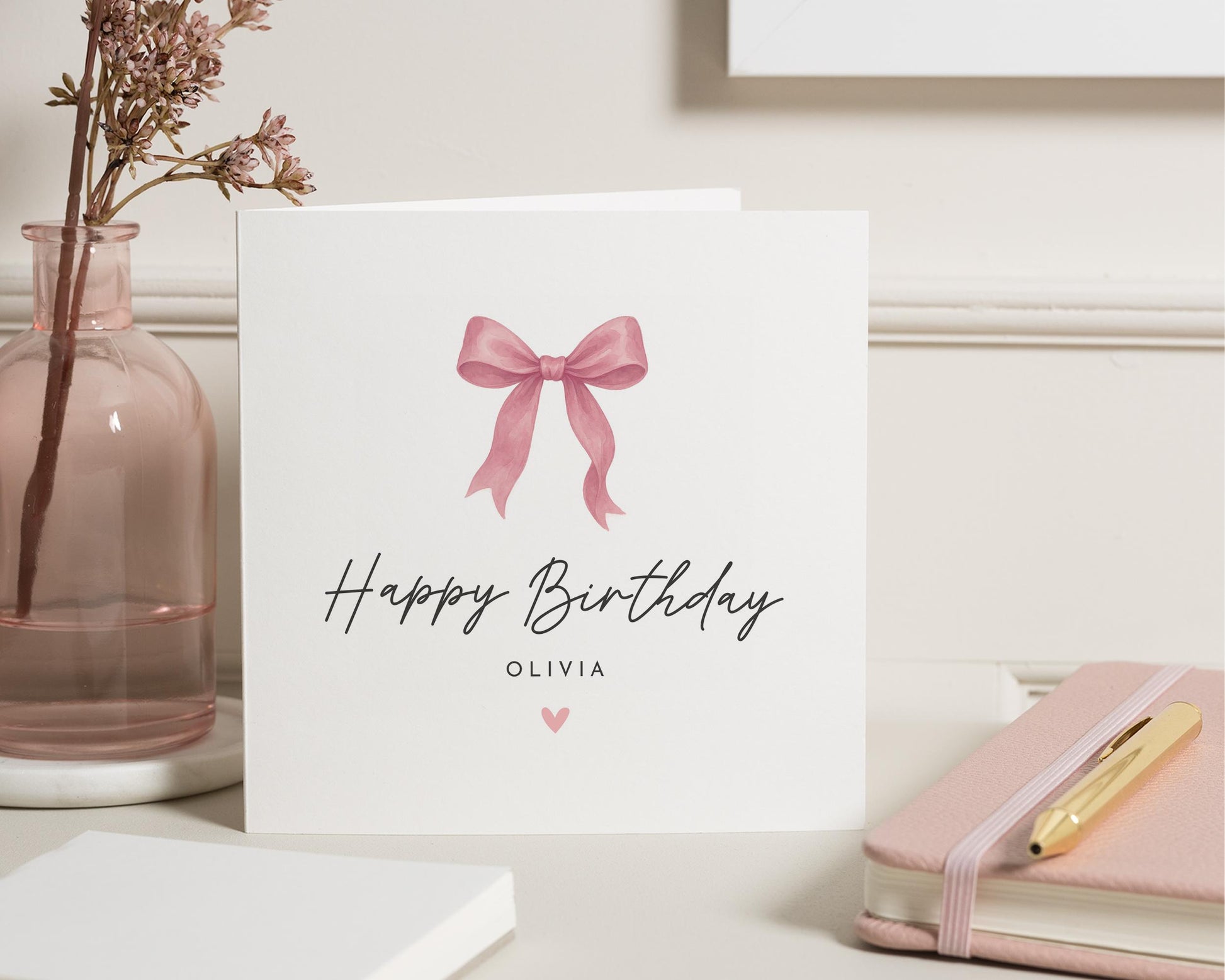 Birthday Card for Her, Personalised Birthday Card, Pink Bow Birthday Card, Birthday Card for Daughter, Friend, Mum, Custom Birthday Card