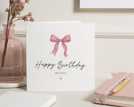 Birthday Card for Her, Personalised Birthday Card, Pink Bow Birthday Card, Birthday Card for Daughter, Friend, Mum, Custom Birthday Card