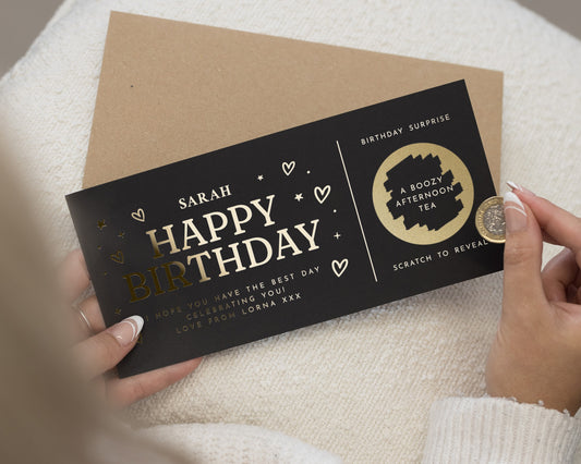 Personalised Birthday Gift Voucher, Scratch To Reveal, Afternoon Tea, Custom Birthday Card, Gold Foil, Gift For Her