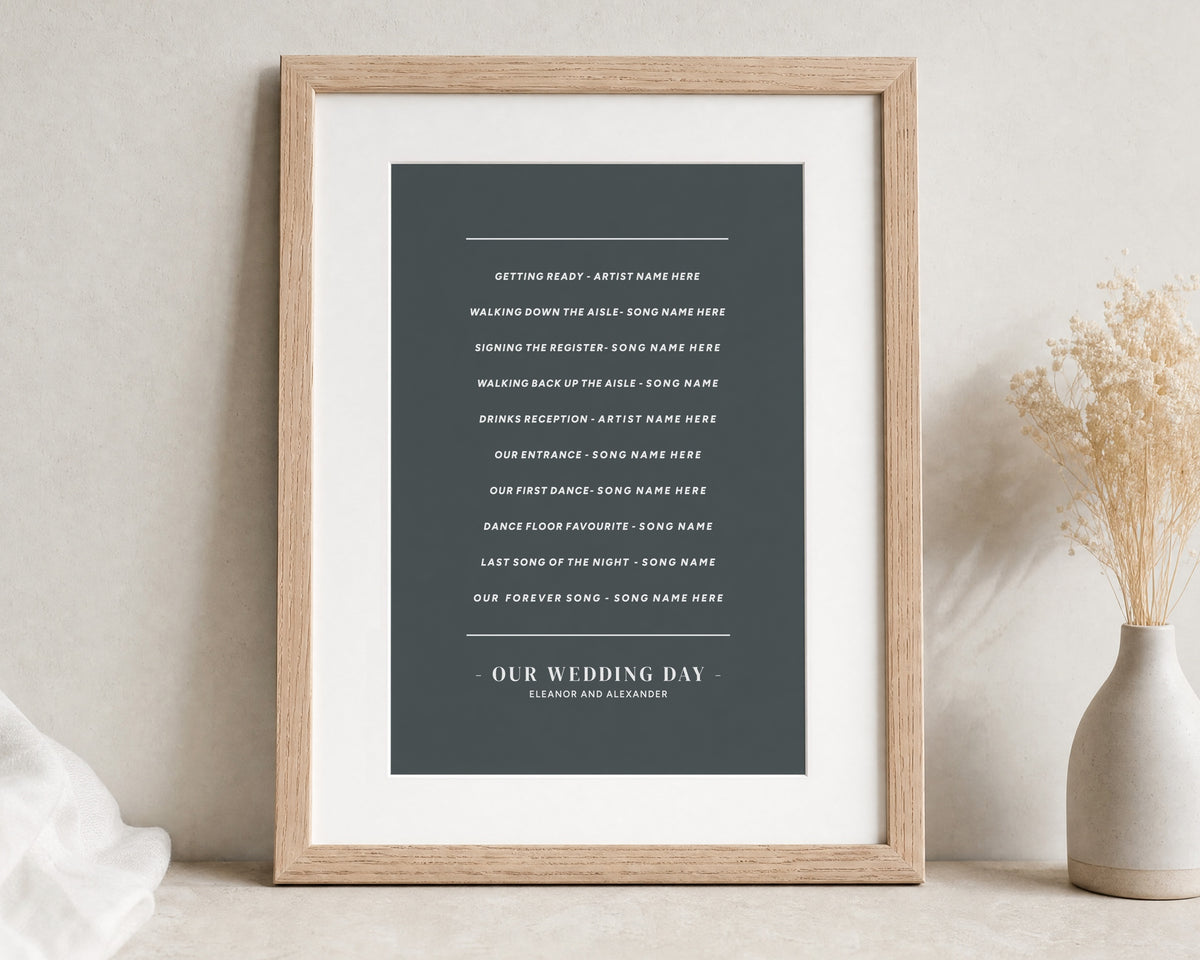 Personalised Wedding Song Print, Dark Grey Wall Art, Our Wedding Day Music Poster, Wedding Gift, Anniversary Gift, Portrait Print