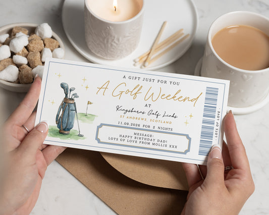 Personalised Golf Weekend Gift Voucher, Golf Experience Gift for Him, Custom Golf Trip Voucher, Birthday Present for Dad