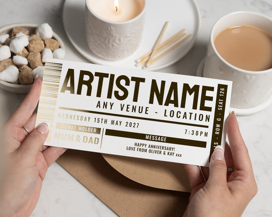 Personalised Concert Ticket Gift, Gold Foil Gift Voucher, Custom Ticket, Music Gift For Him Or Her, Anniversary Birthday Present