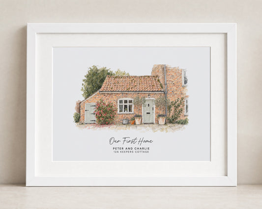 Personalised First Home Print, Watercolour House Illustration, New Home Gift, House Warming Gift, White Framed Wall Art