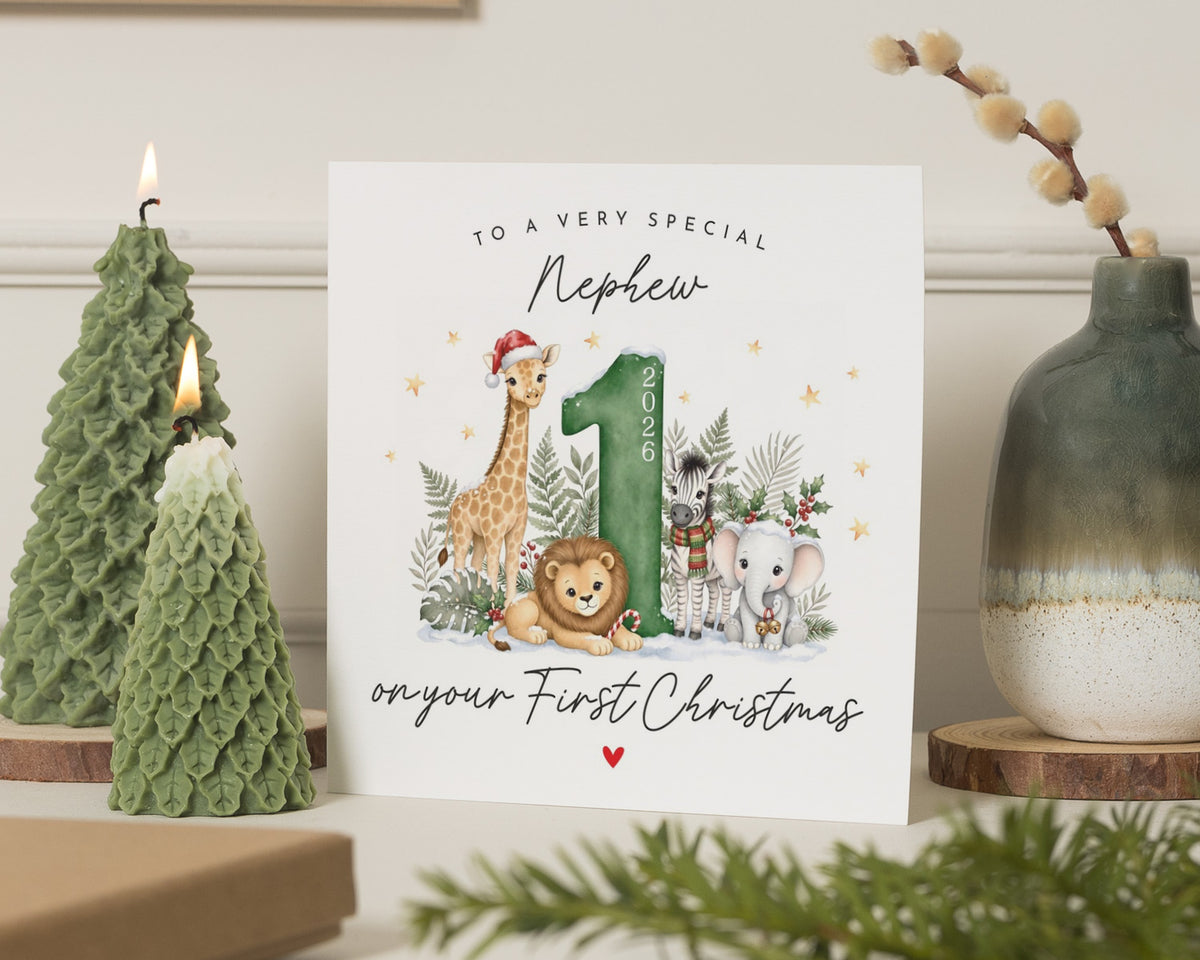 1st Christmas Card for Nephew, First Christmas Card, Baby Boy Christmas Card, Personalised Christmas Card, Safari Animal Xmas Card