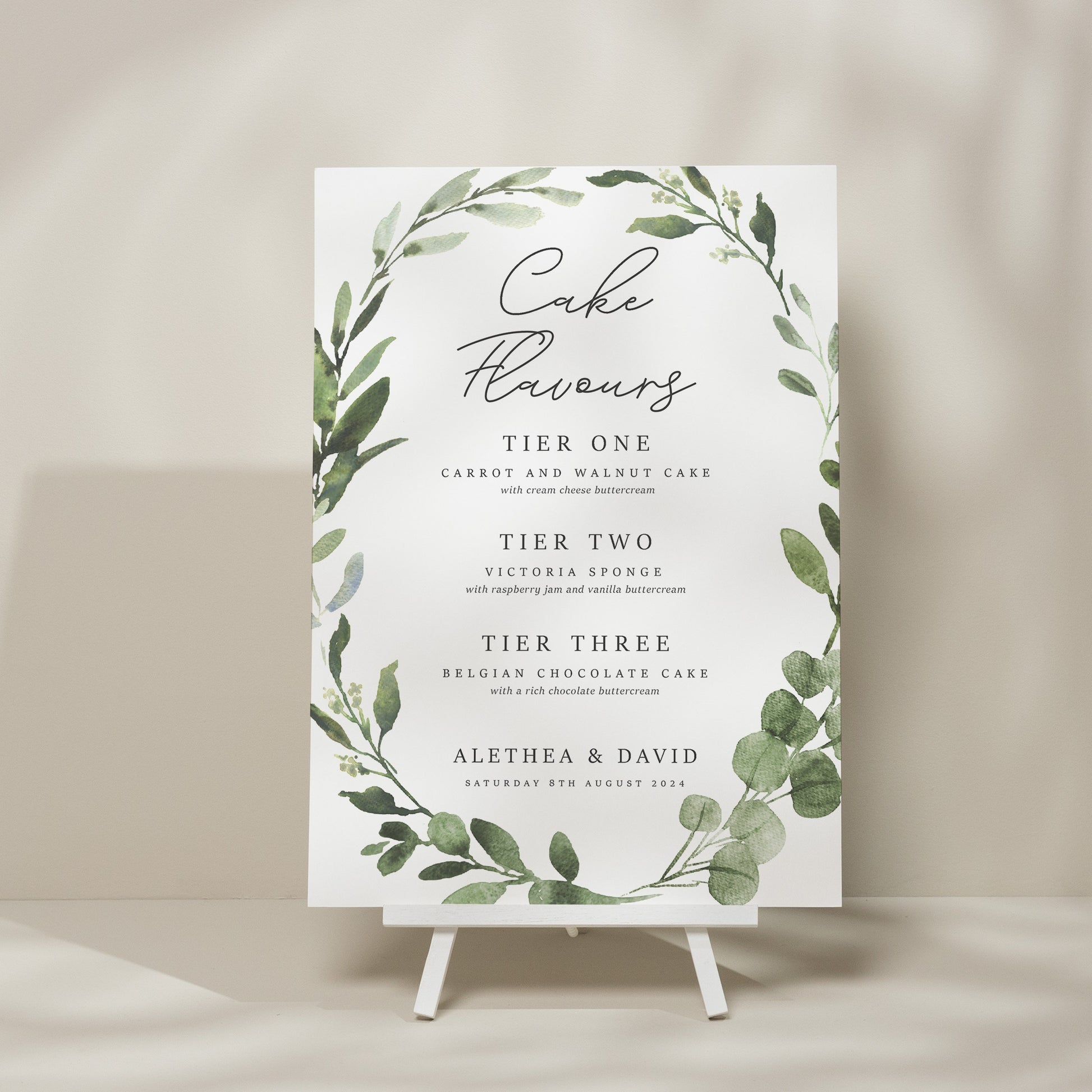 Botanical Wedding Cake Menu Sign, Cake Station Wedding Sign, Eucalyptus Wedding Sign, Greenery Cake Flavour Sign, Simple Sign &#39;Alethea&#39;