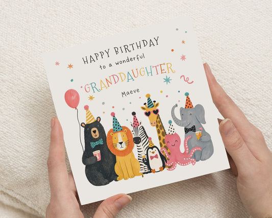 Granddaughter Birthday Card, Personalised Birthday Card for Granddaughter, Cute Safari Animal Birthday Card, Jungle Birthday Cards for Girl
