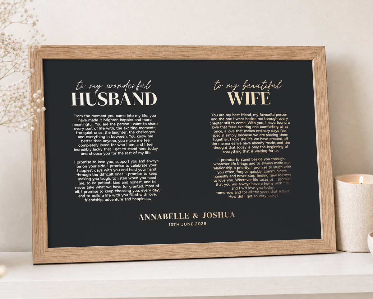 Personalised Gold Foil Wedding Vows Print, Black Wall Art, Husband and Wife Gift, Anniversary Gift, Oak Framed Landscape Print