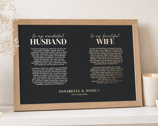 Personalised Gold Foil Wedding Vows Print, Black Wall Art, Husband and Wife Gift, Anniversary Gift, Oak Framed Landscape Print