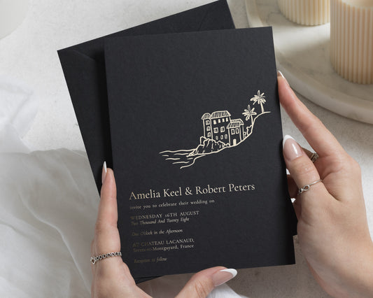 Gold Foil Wedding Invitations, Black Destination Wedding Invites, Coastal Venue Illustration, Luxury Personalised Invite