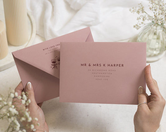 Dusty Pink Envelopes with Guest or Return Address Printing, C6, 5x7 or C5 Blush Printed Wedding Invitation Envelopes (Peony)