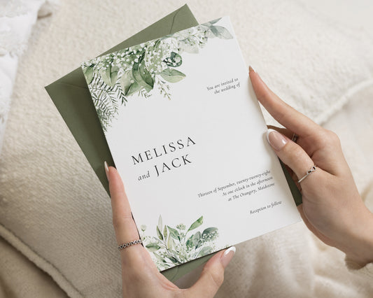 Greenery Wedding Invitations, Botanical Wedding Invite, Sage Green Invitation Suite, Elegant Floral Personalised Wedding Stationery