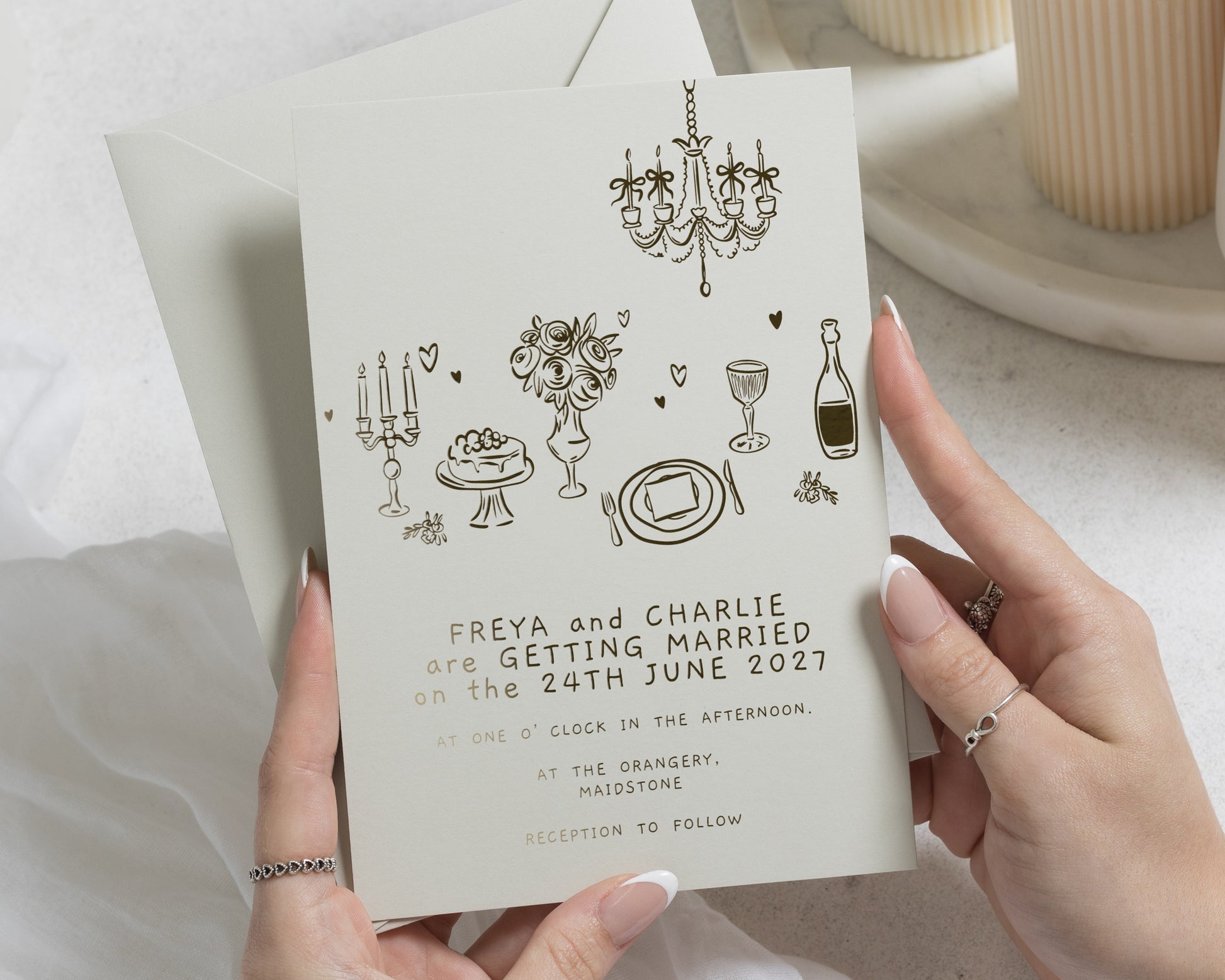 Gold Foil Wedding Invitations, Ivory Wedding Invite, Illustrated Wedding Invitation, Personalised Romantic Wedding Stationery