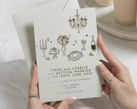Gold Foil Wedding Invitations, Ivory Wedding Invite, Illustrated Wedding Invitation, Personalised Romantic Wedding Stationery