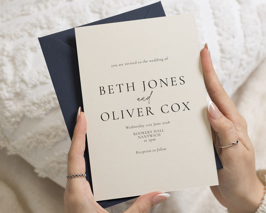 Ivory Wedding Invitations with Navy Envelopes, Minimalist Wedding Invites, Elegant Typography, Personalised Wedding Invites