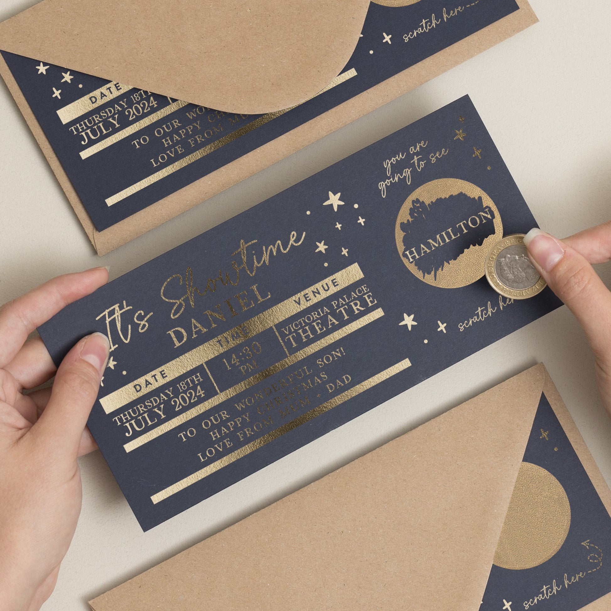 Personalised Theatre Gift Voucher, Hamilton Theatre Scratch Gift Voucher, Musical Ticket Gold Foil Gift Voucher, Scratch To Reveal Gift Card