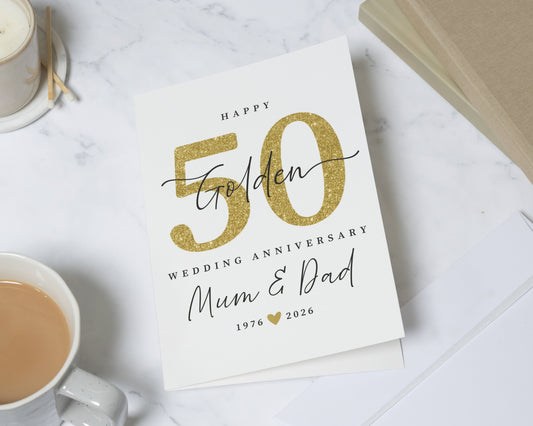 Golden Wedding Anniversary Card, 50th Anniversary Card, Personalised Anniversary Card for Mum and Dad, 50 Years Married Card