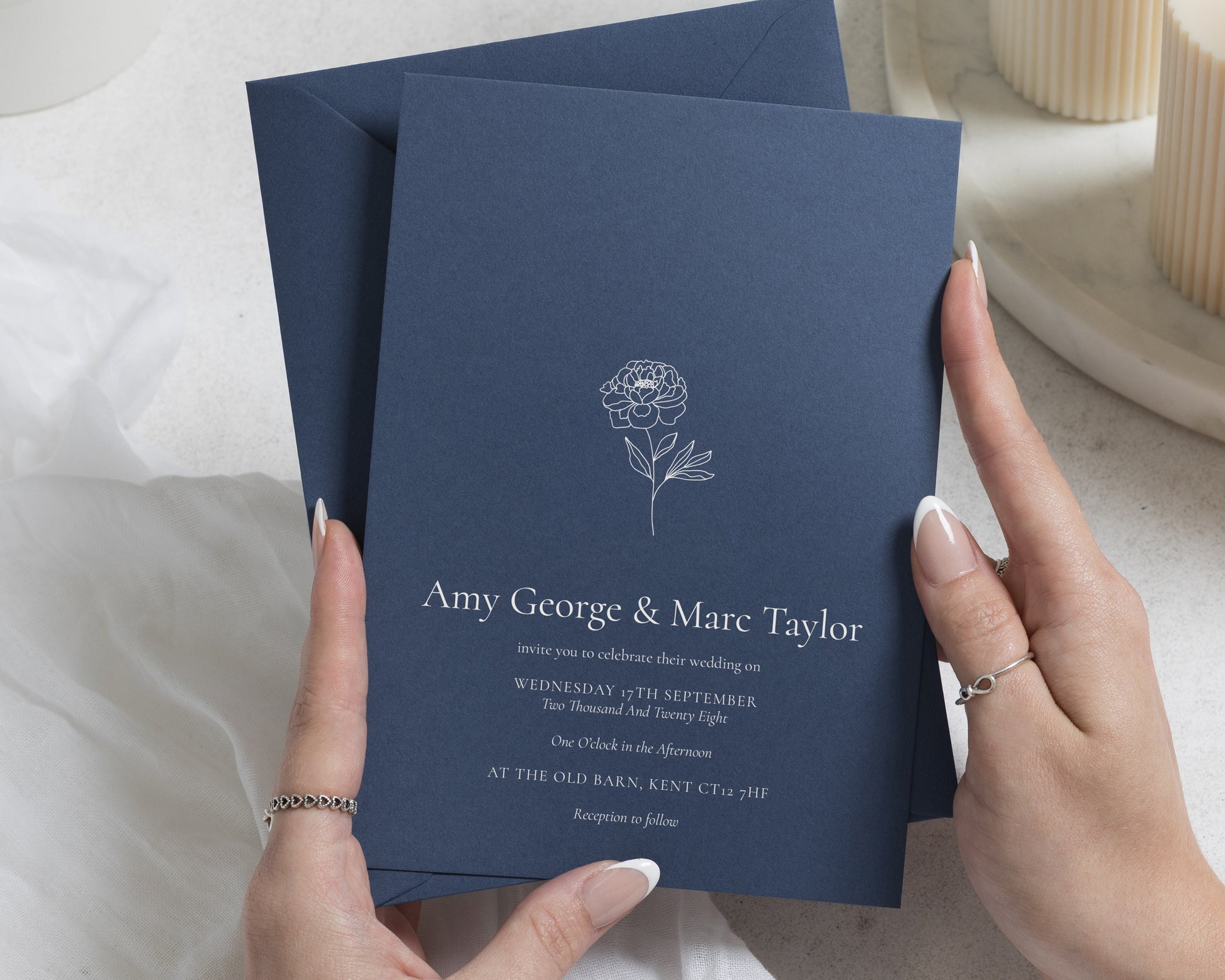 Slate Blue Wedding Invitations, Minimalist Floral Wedding Invites, Elegant Botanical Stationery, Personalised Invitation Suite