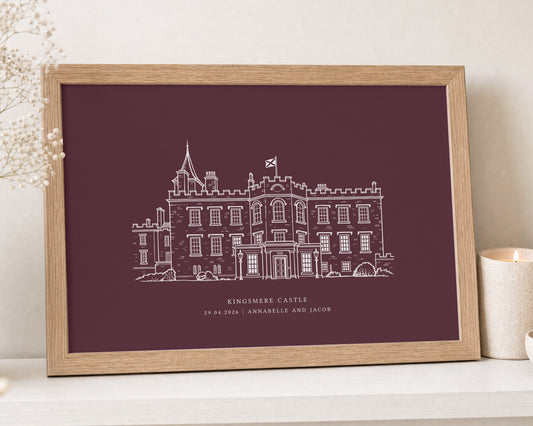 Personalised Wedding Venue Print, Burgundy Wall Art, Custom Venue Illustration, Wedding Gift, Anniversary Gift, Oak Framed Print